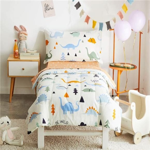 4 Piece Cotton Toddler Bedding Set for Kids Boys n Girls, Dinosaur Theme Cream